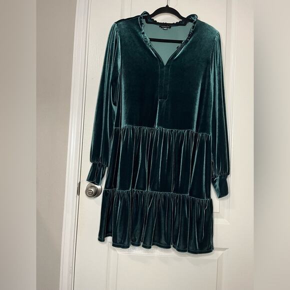 1.STATE Deep Green Velour Velvet Long Sleeve Ruffle Babydoll Dress w/ V-neck XL - Picture 3 of 11